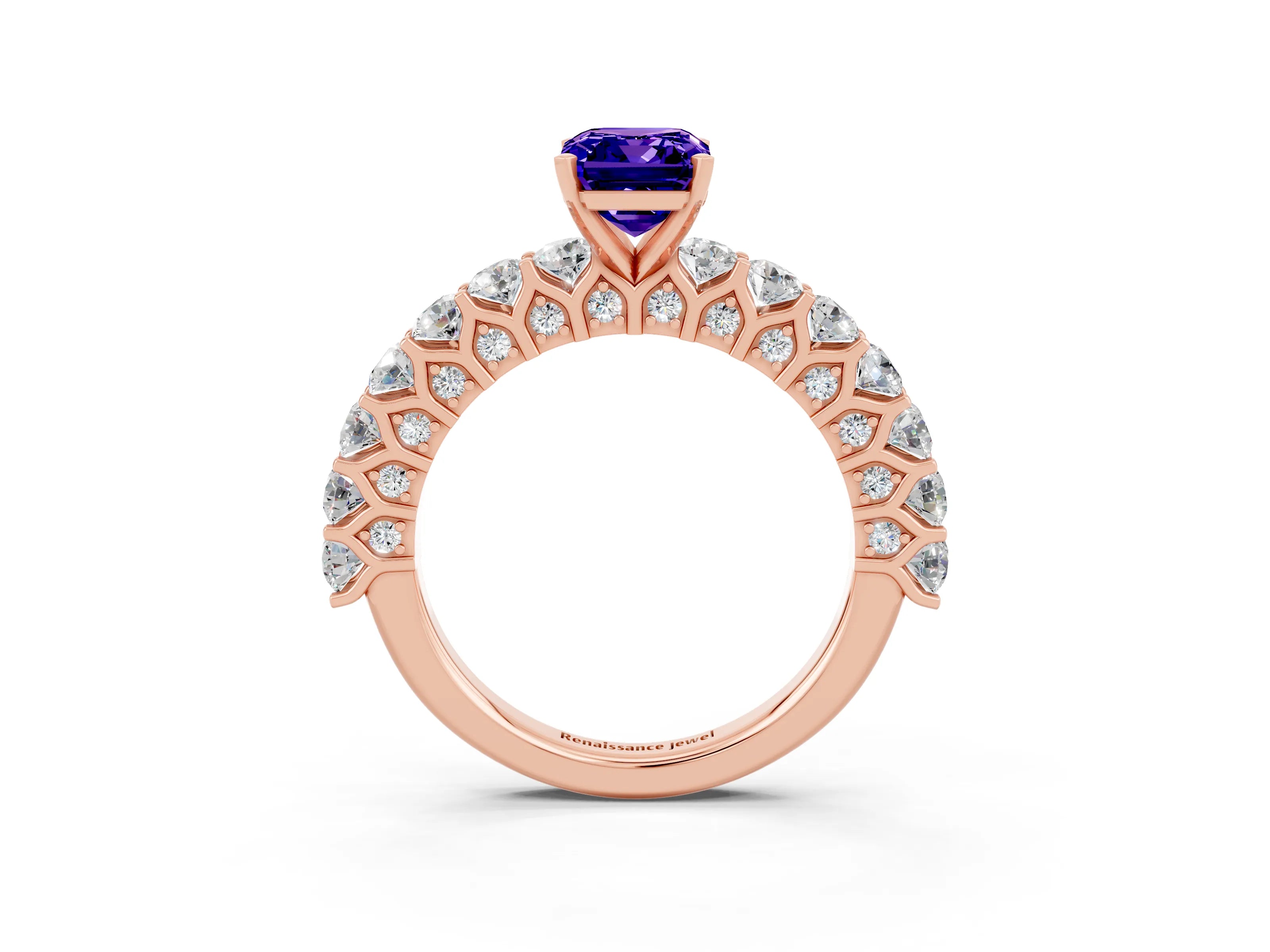 Rose gold Emerald Cut Tanzanite Solitaire Ring with Shared Prong Pavé Band and Four-Prong Setting_3