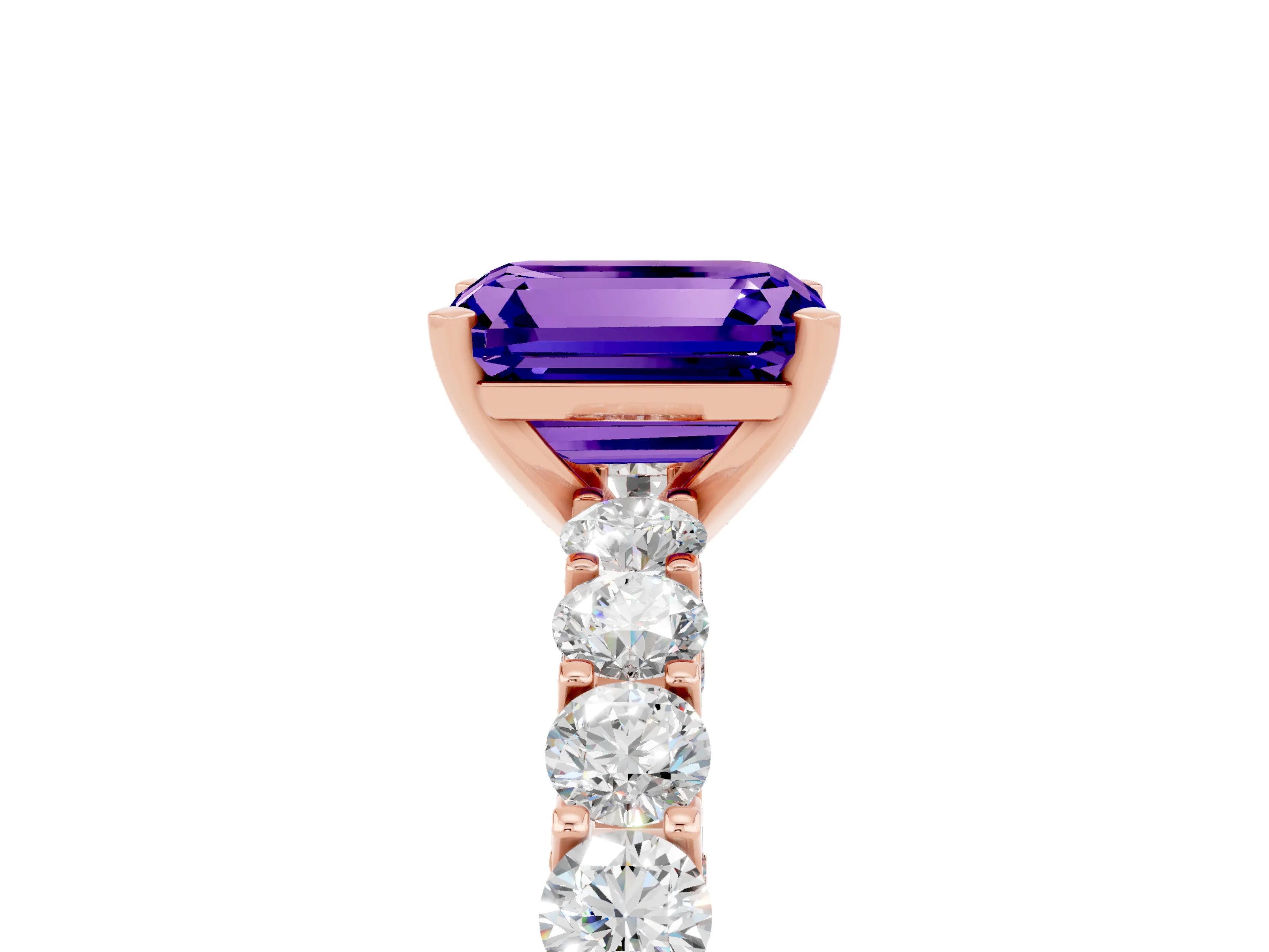Rose gold Emerald Cut Tanzanite Solitaire Ring with Shared Prong Pavé Band and Four-Prong Setting_5