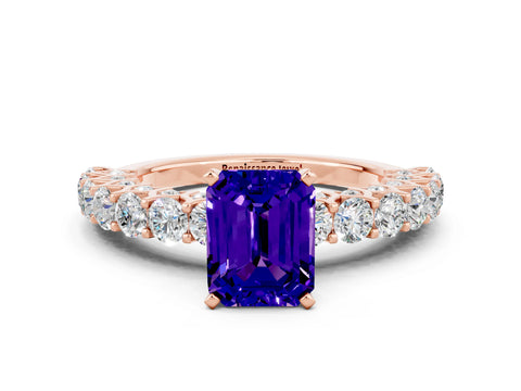 Rose gold Emerald Cut Tanzanite Solitaire Ring with Shared Prong Pavé Band and Four-Prong Setting