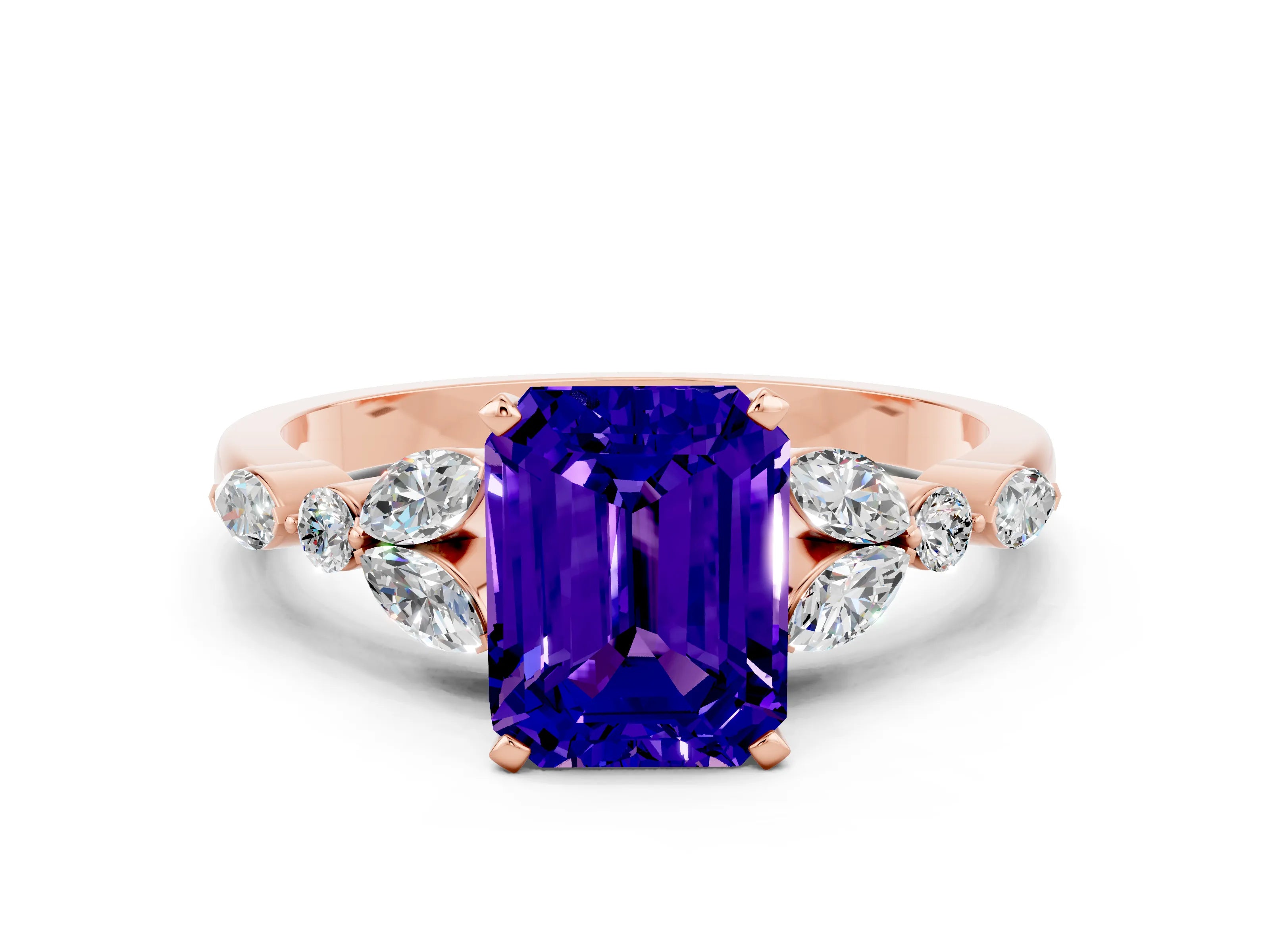Rose gold Emerald Cut Tanzanite Solitaire Ring with Side Stones and Four-Prong Setting_12