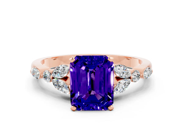 Rose gold Emerald Cut Tanzanite Solitaire Ring with Side Stones and Four-Prong Setting