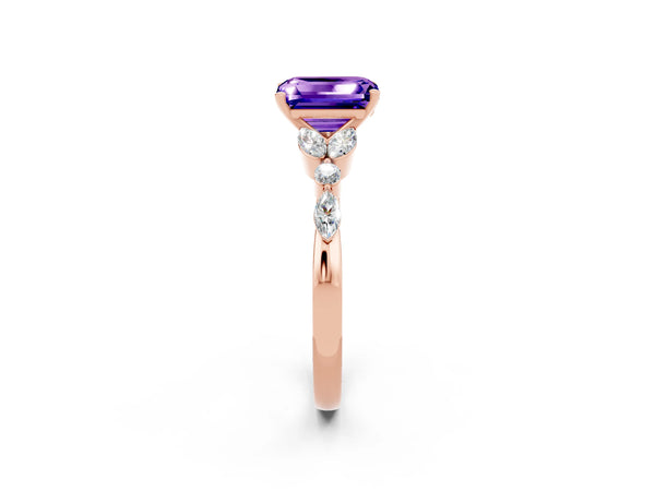 Rose gold Emerald Cut Tanzanite Solitaire Ring with Side Stones and Four-Prong Setting