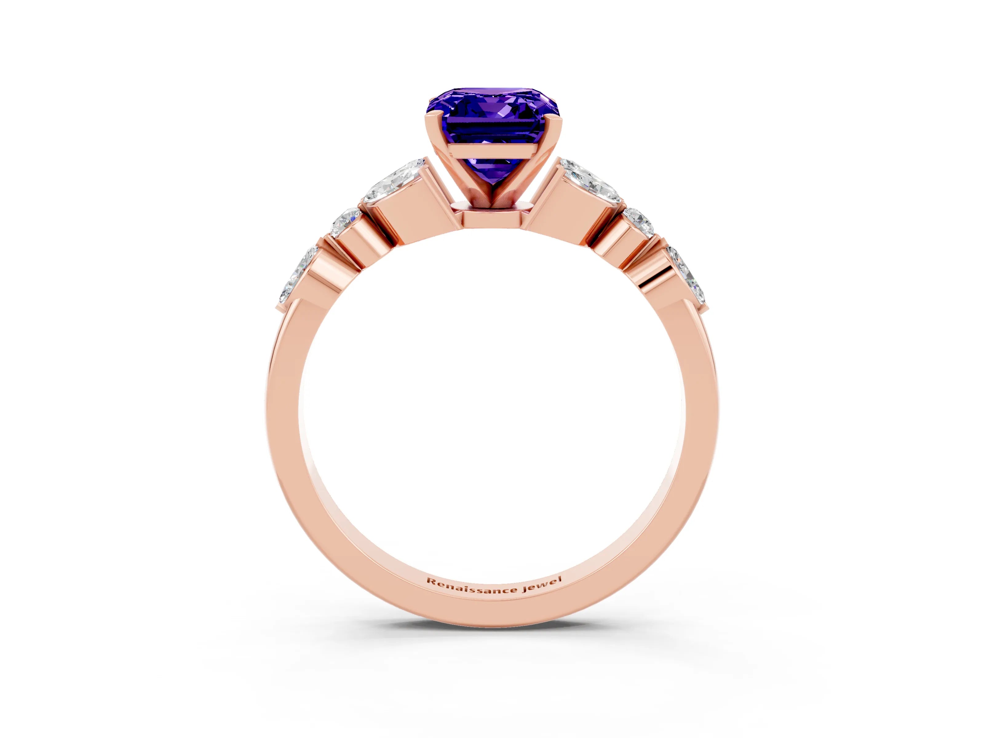 Rose gold Emerald Cut Tanzanite Solitaire Ring with Side Stones and Four-Prong Setting_15