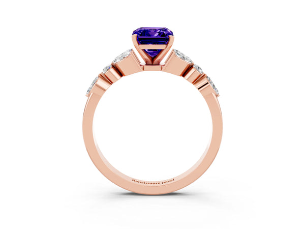 Rose gold Emerald Cut Tanzanite Solitaire Ring with Side Stones and Four-Prong Setting