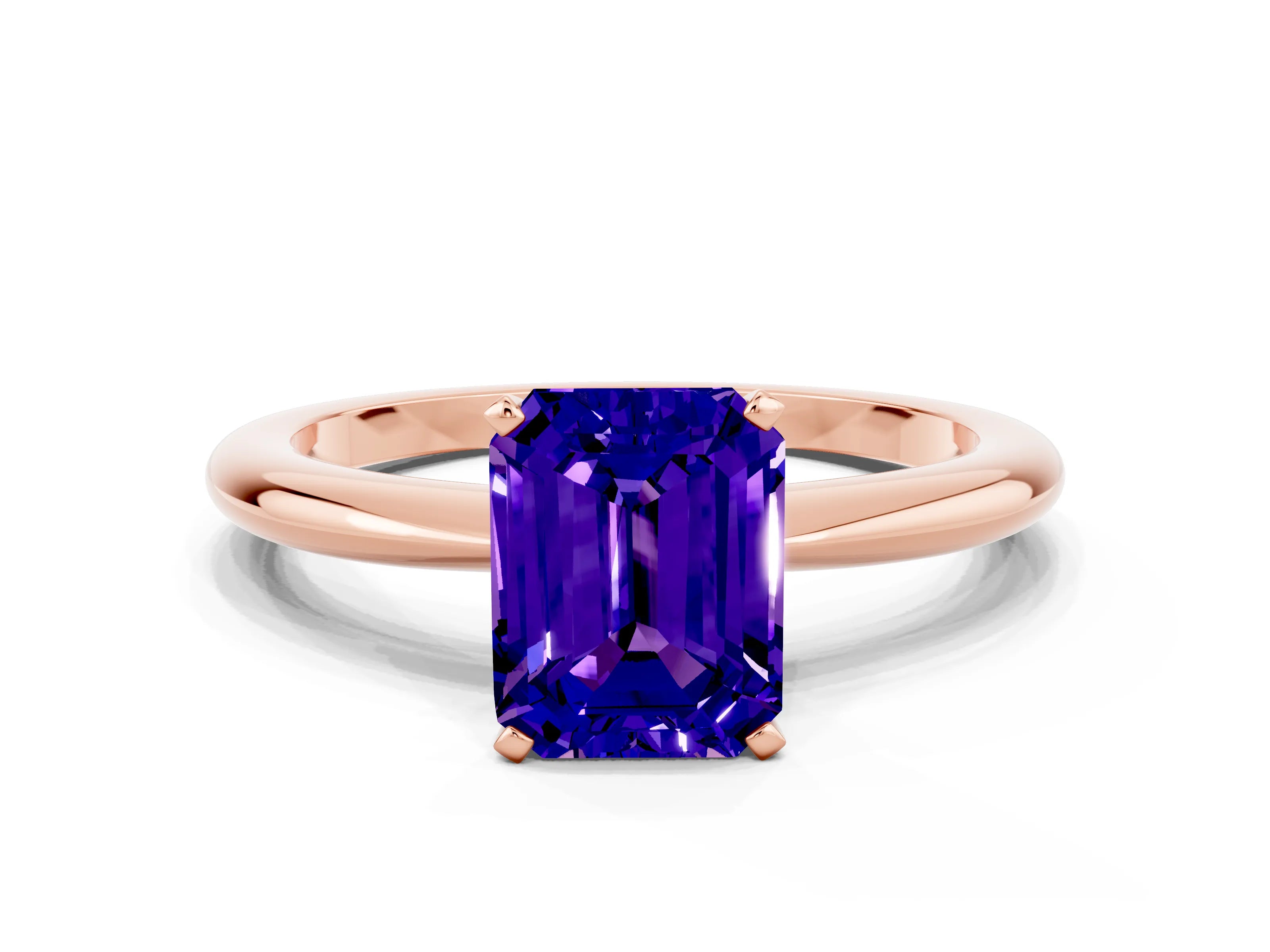 Rose gold Emerald Cut Tanzanite Solitaire Ring with Six-Prong Setting and Classic Band