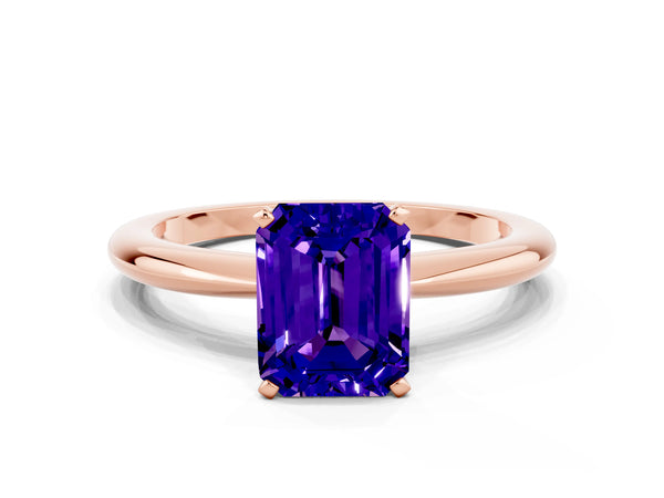 Rose gold Emerald Cut Tanzanite Solitaire Ring with Six-Prong Setting and Classic Band