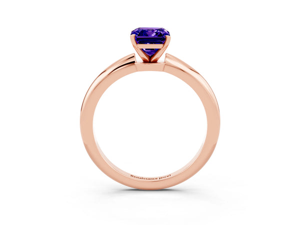 Rose gold Emerald Cut Tanzanite Solitaire Ring with Six-Prong Setting and Classic Band