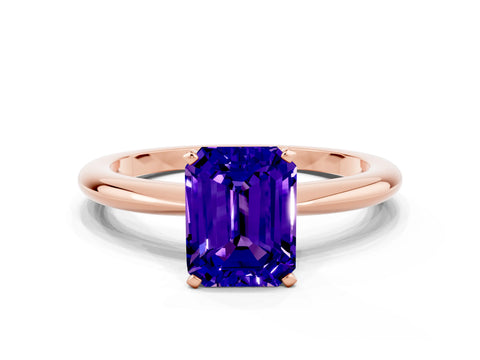 Rose gold Emerald Cut Tanzanite Solitaire Ring with Six-Prong Setting and Classic Band