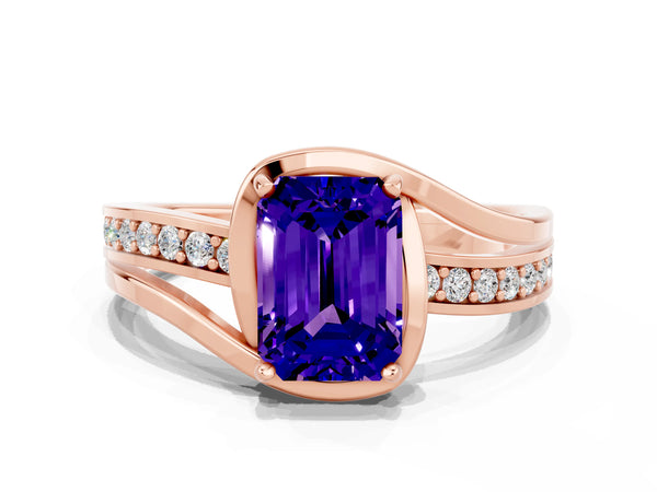 Rose gold Emerald Cut Tanzanite Solitaire Ring with Split Shank and Prong Setting