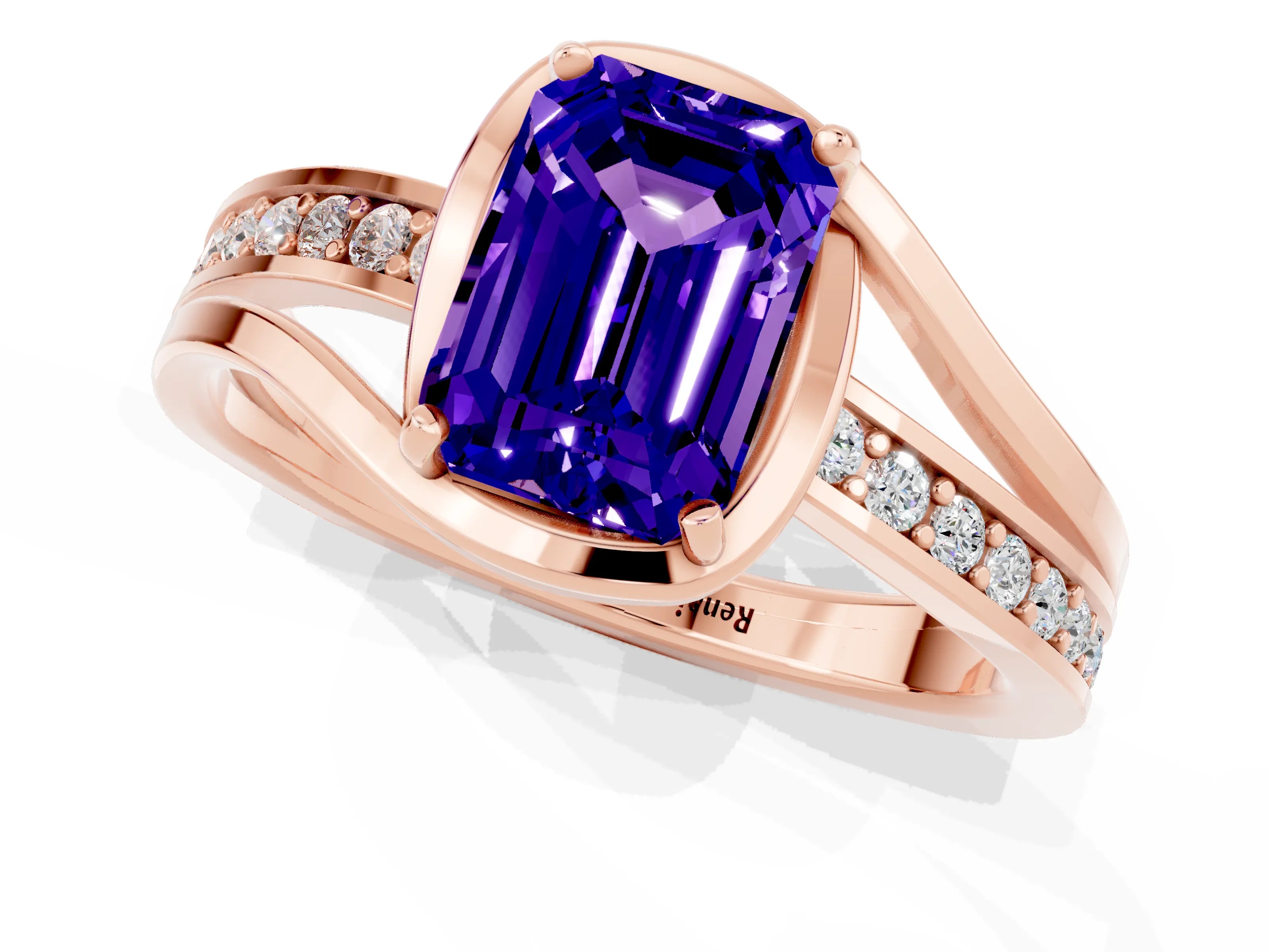 Rose gold Emerald Cut Tanzanite Solitaire Ring with Split Shank and Prong Setting_1