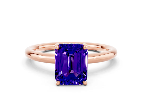 Rose gold Emerald Cut Tanzanite Solitaire Ring with Thin Band and Four-Prong Setting