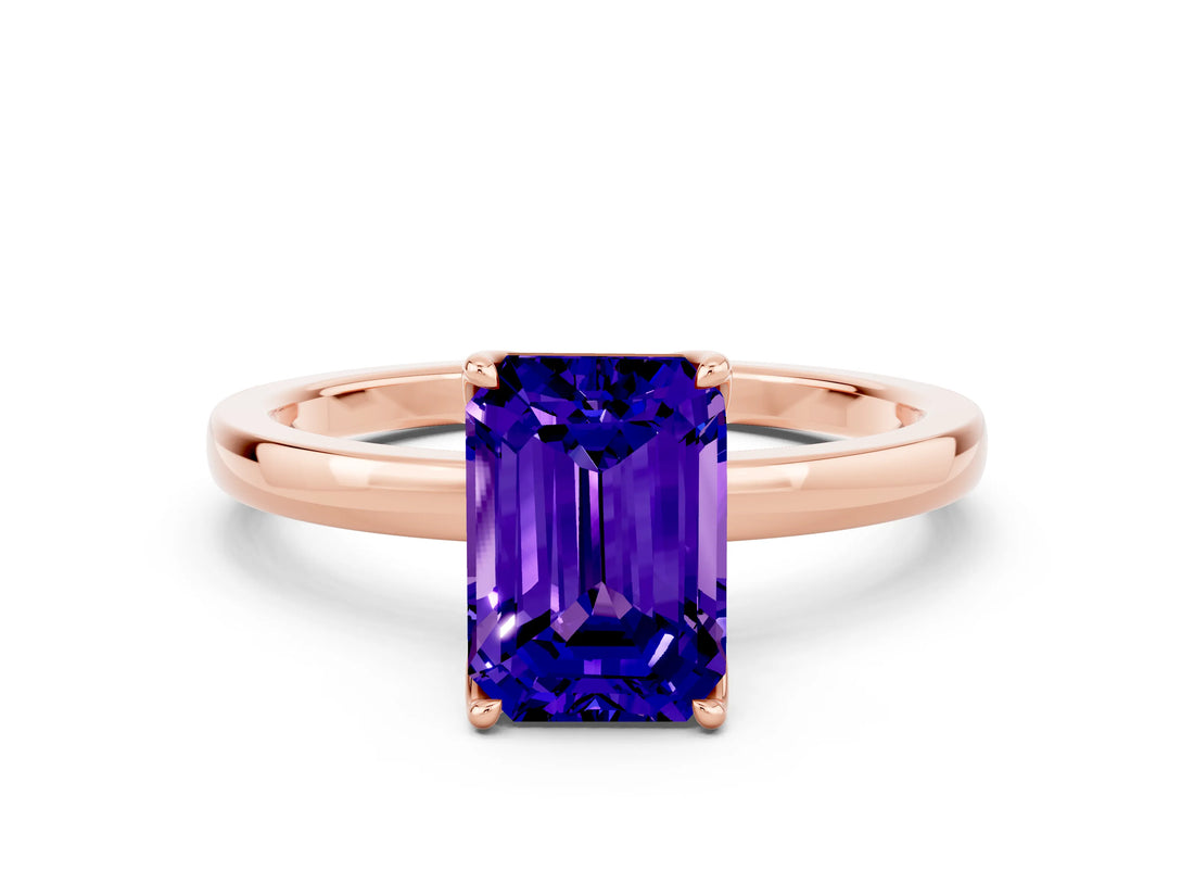 Rose gold Emerald Cut Tanzanite Solitaire Ring with Thin Band and Prong Setting_12