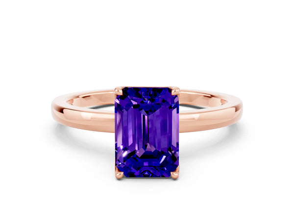 Rose gold Emerald Cut Tanzanite Solitaire Ring with Thin Band and Prong Setting