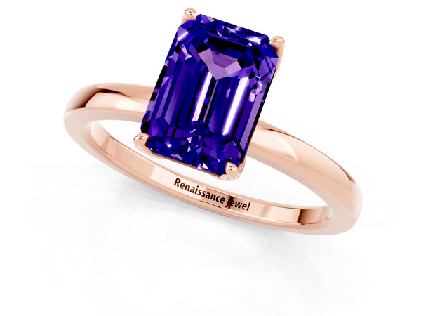 Rose gold Emerald Cut Tanzanite Solitaire Ring with Thin Band and Prong Setting