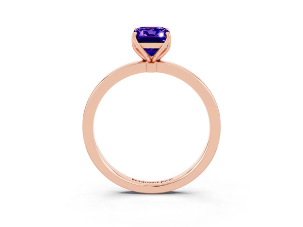 Rose gold Emerald Cut Tanzanite Solitaire Ring with Thin Band and Prong Setting