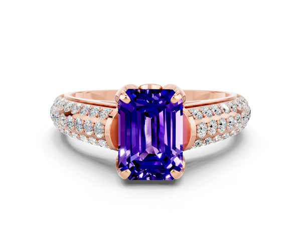Rose gold Emerald Cut Tanzanite Solitaire Ring with Three-Row Pavé Band and Four-Prong Setting
