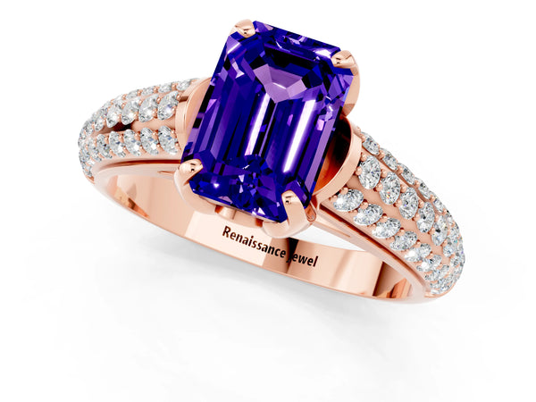 Rose gold Emerald Cut Tanzanite Solitaire Ring with Three-Row Pavé Band and Four-Prong Setting