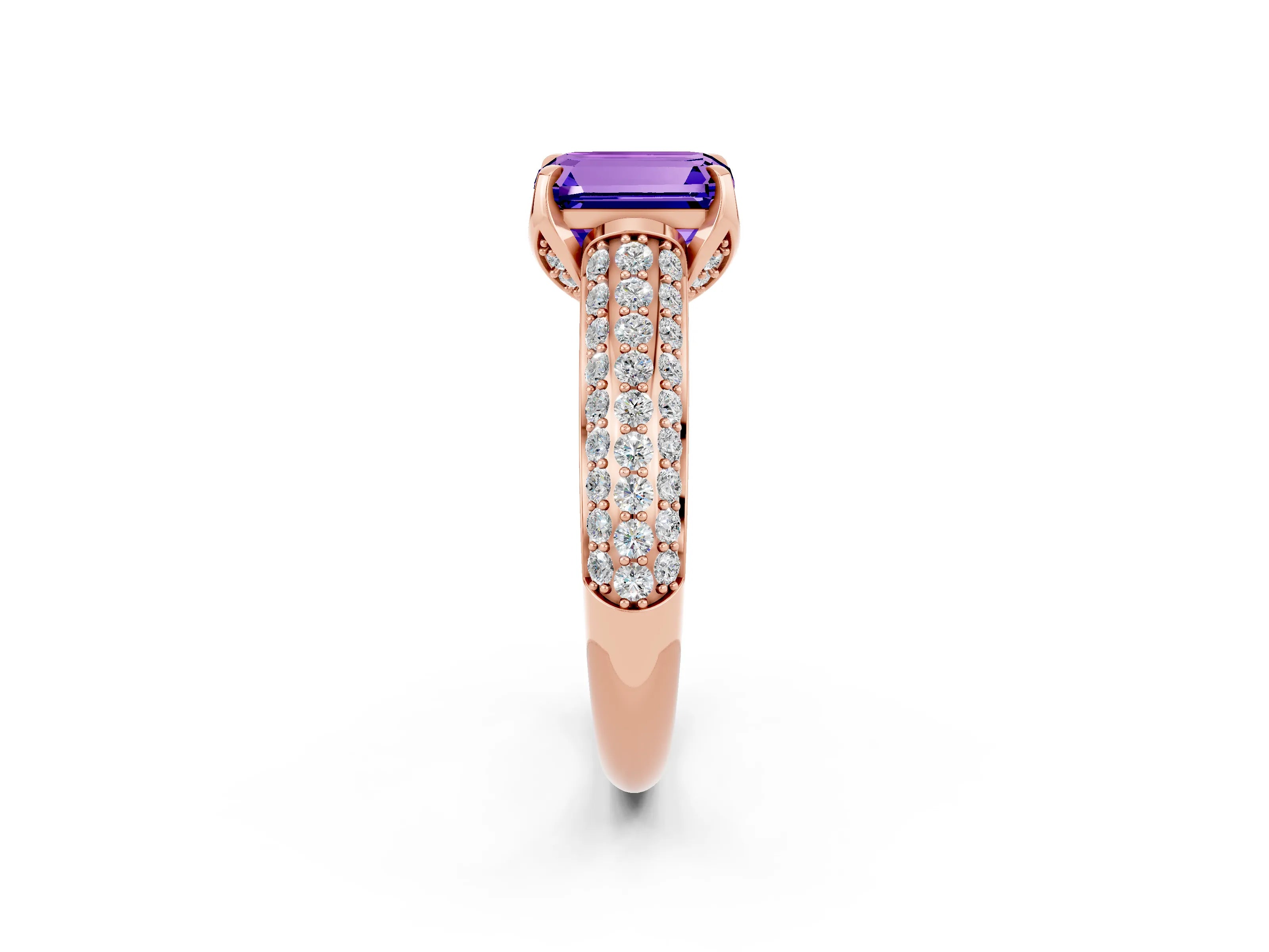 Rose gold Emerald Cut Tanzanite Solitaire Ring with Three-Row Pavé Band and Four-Prong Setting_14