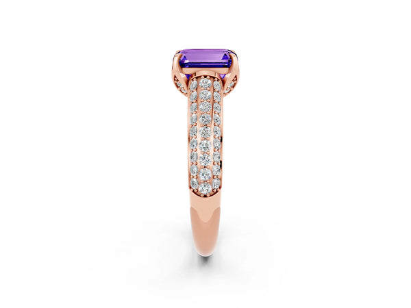 Rose gold Emerald Cut Tanzanite Solitaire Ring with Three-Row Pavé Band and Four-Prong Setting