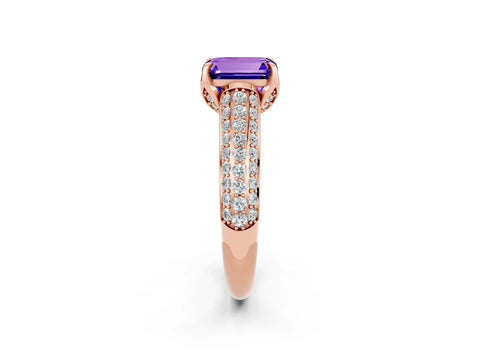 Rose gold Emerald Cut Tanzanite Solitaire Ring with Three-Row Pavé Band and Four-Prong Setting_14