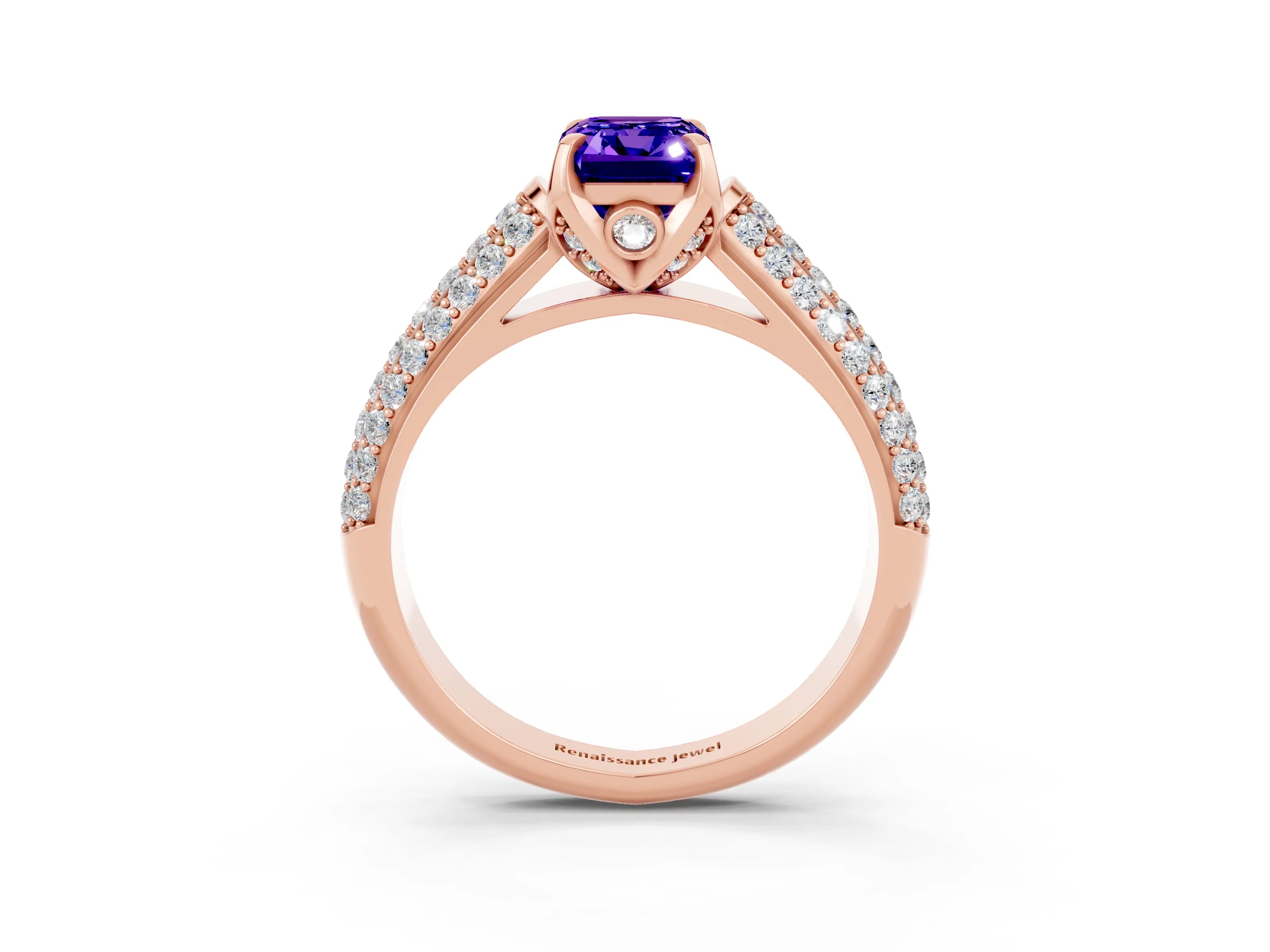 Rose gold Emerald Cut Tanzanite Solitaire Ring with Three-Row Pavé Band and Four-Prong Setting_15