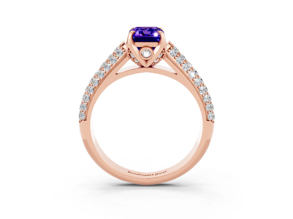 Rose gold Emerald Cut Tanzanite Solitaire Ring with Three-Row Pavé Band and Four-Prong Setting
