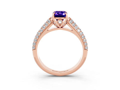Rose gold Emerald Cut Tanzanite Solitaire Ring with Three-Row Pavé Band and Four-Prong Setting_15