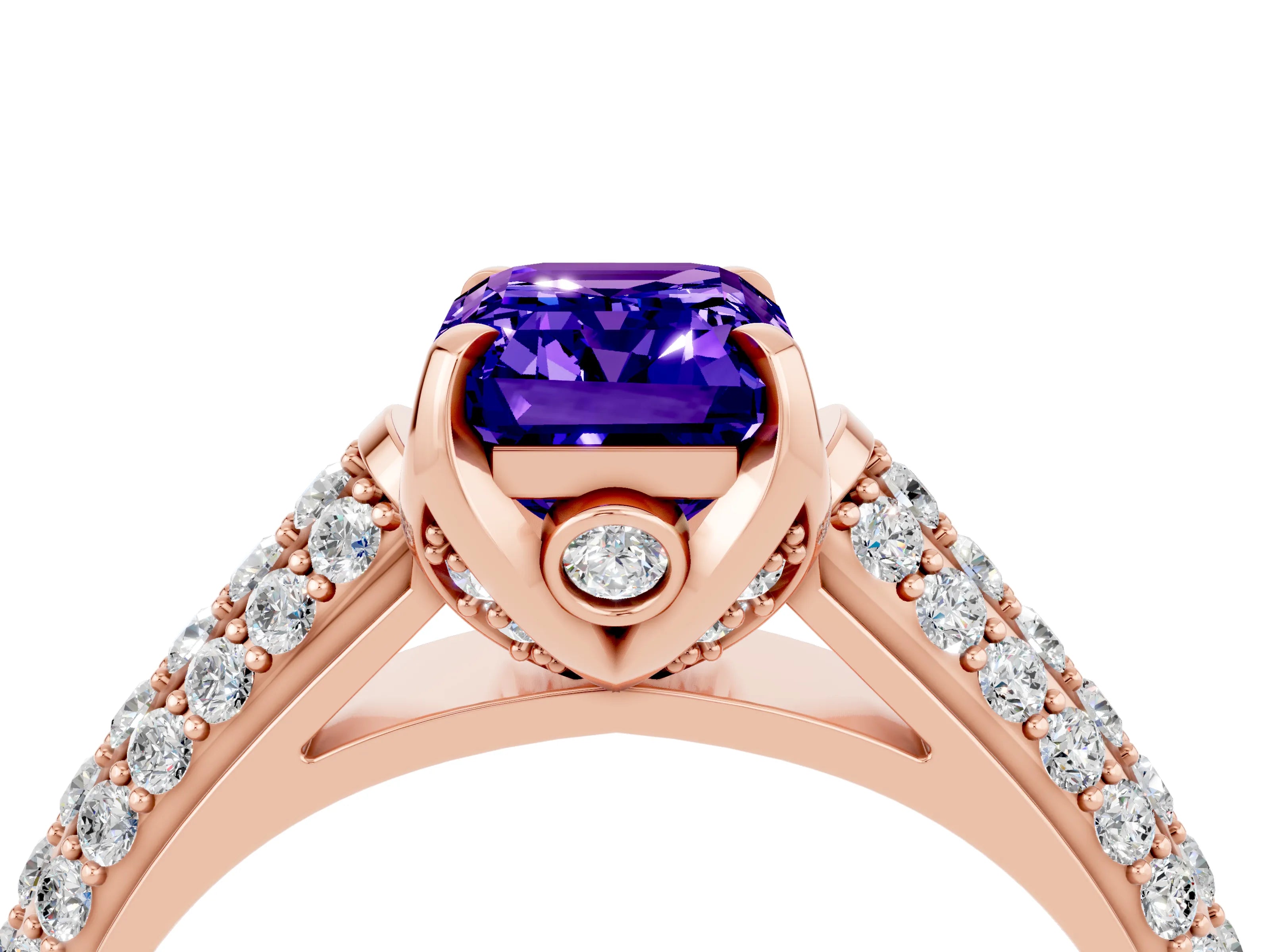 Rose gold Emerald Cut Tanzanite Solitaire Ring with Three-Row Pavé Band and Four-Prong Setting_16