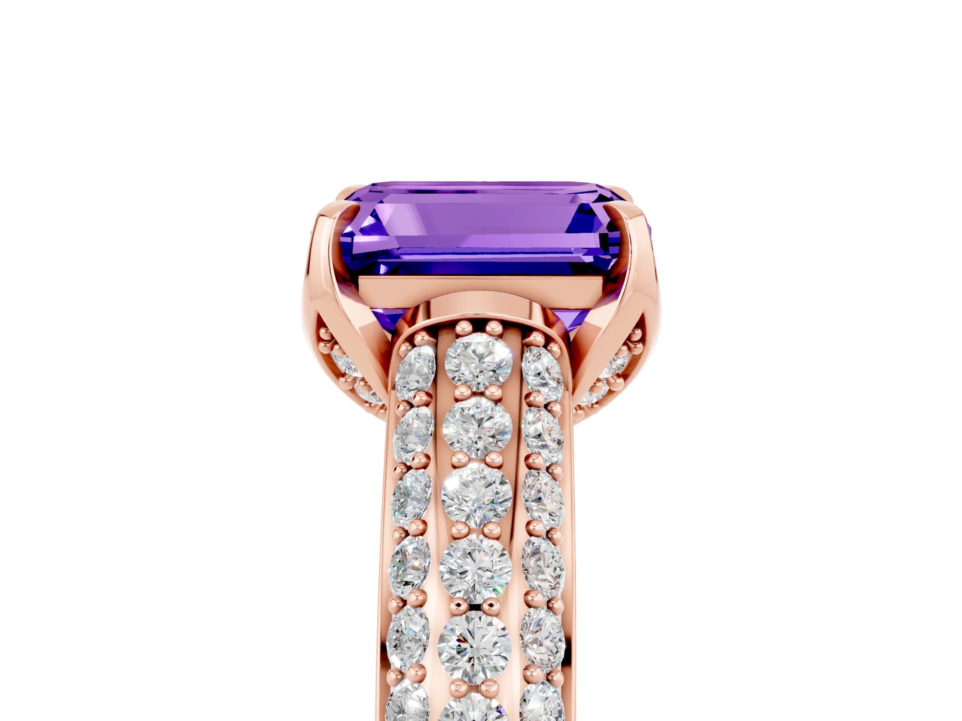 Rose gold Emerald Cut Tanzanite Solitaire Ring with Three-Row Pavé Band and Four-Prong Setting_17
