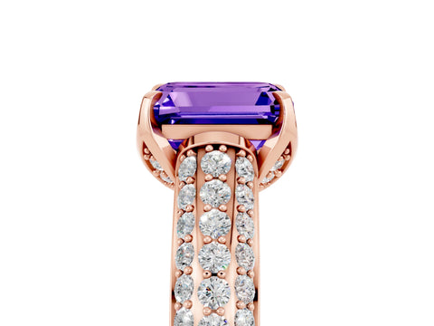 Rose gold Emerald Cut Tanzanite Solitaire Ring with Three-Row Pavé Band and Four-Prong Setting_17
