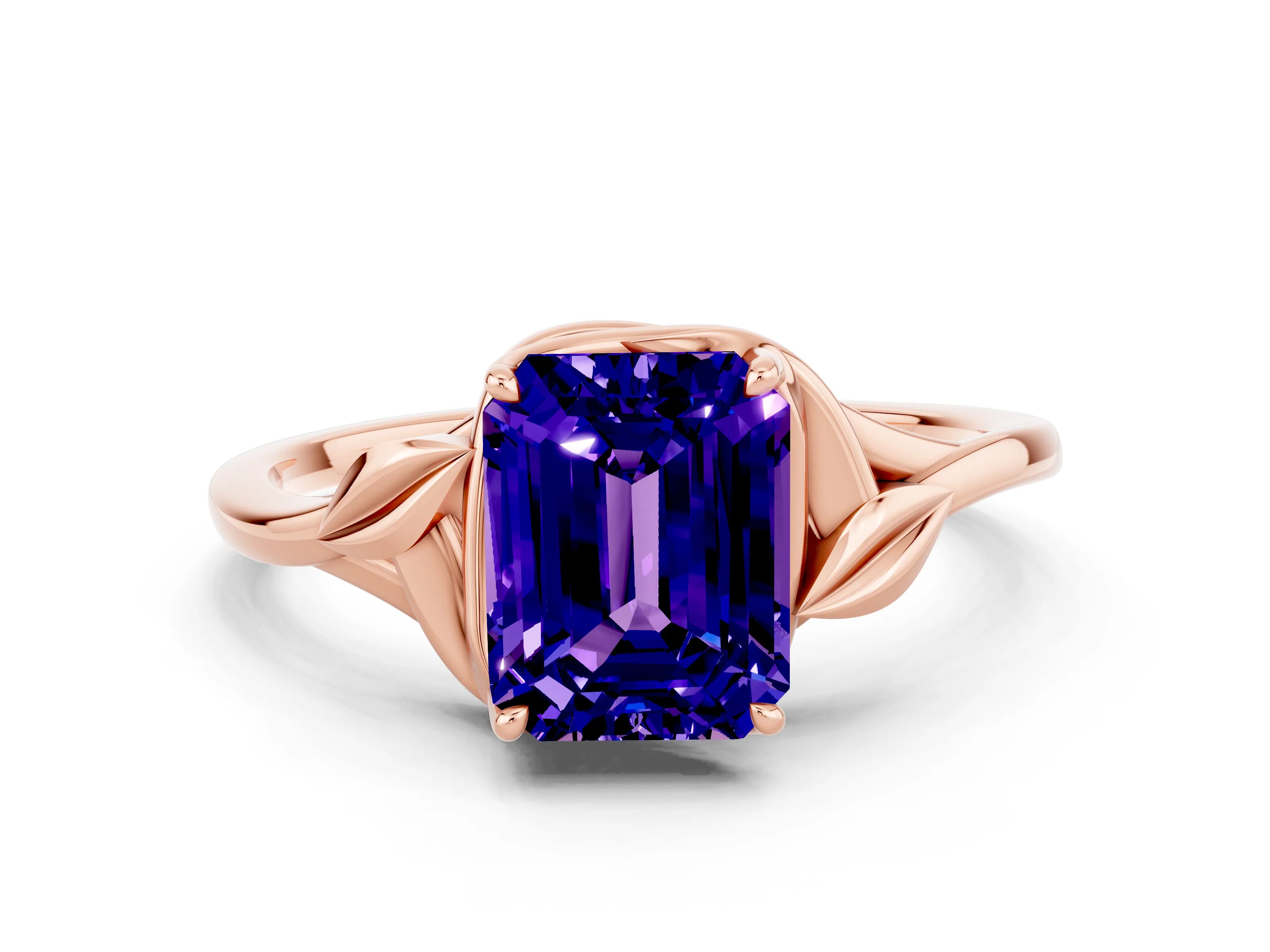 Rose gold Emerald Cut Tanzanite Solitaire Ring with Twist Band and Four-Prong Setting_24
