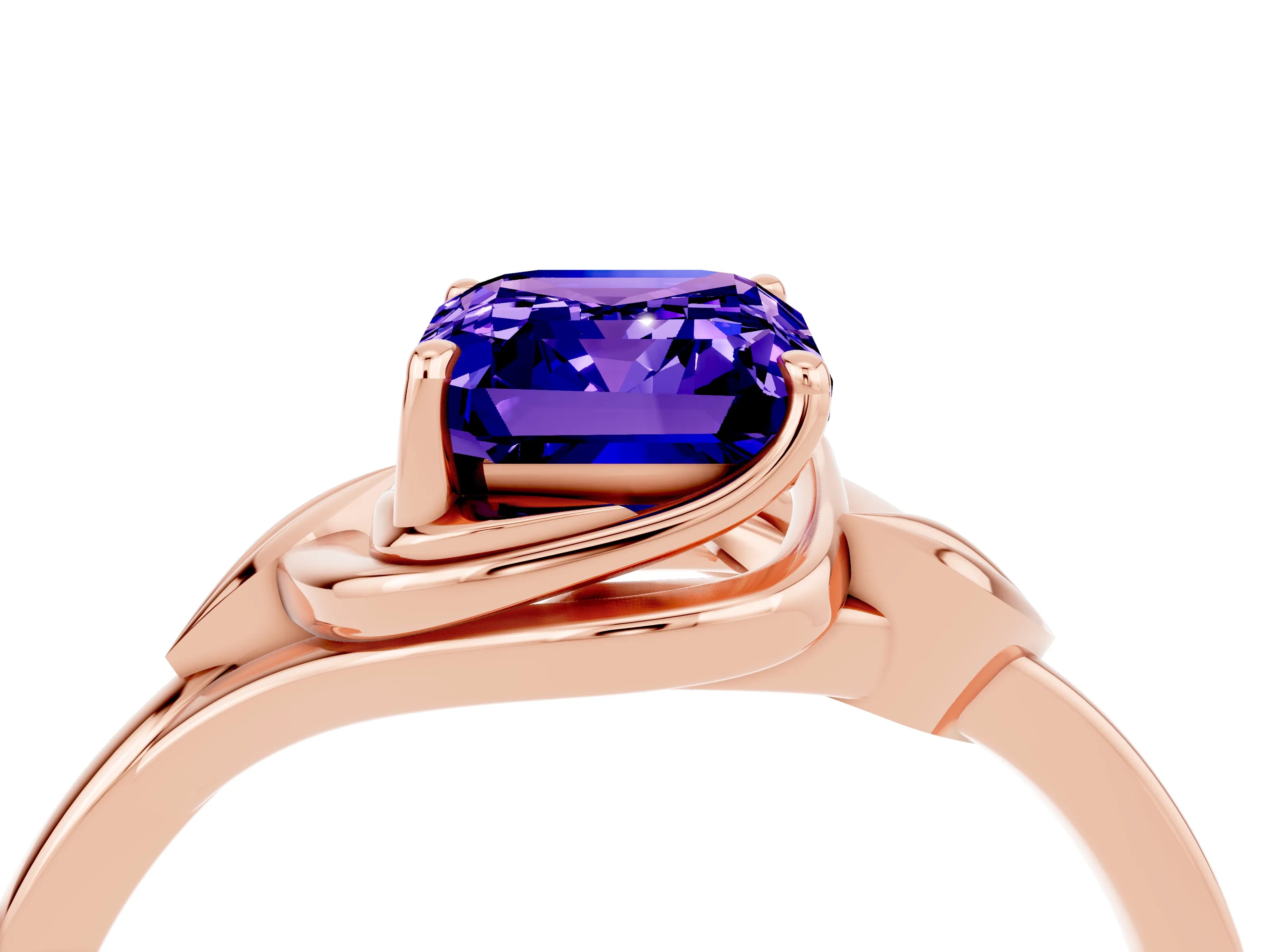 Rose gold Emerald Cut Tanzanite Solitaire Ring with Twist Band and Four-Prong Setting_28