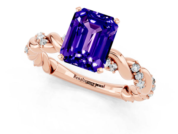 Rose gold Emerald Cut Tanzanite Solitaire Ring with Twisted Band and Pavé Accents