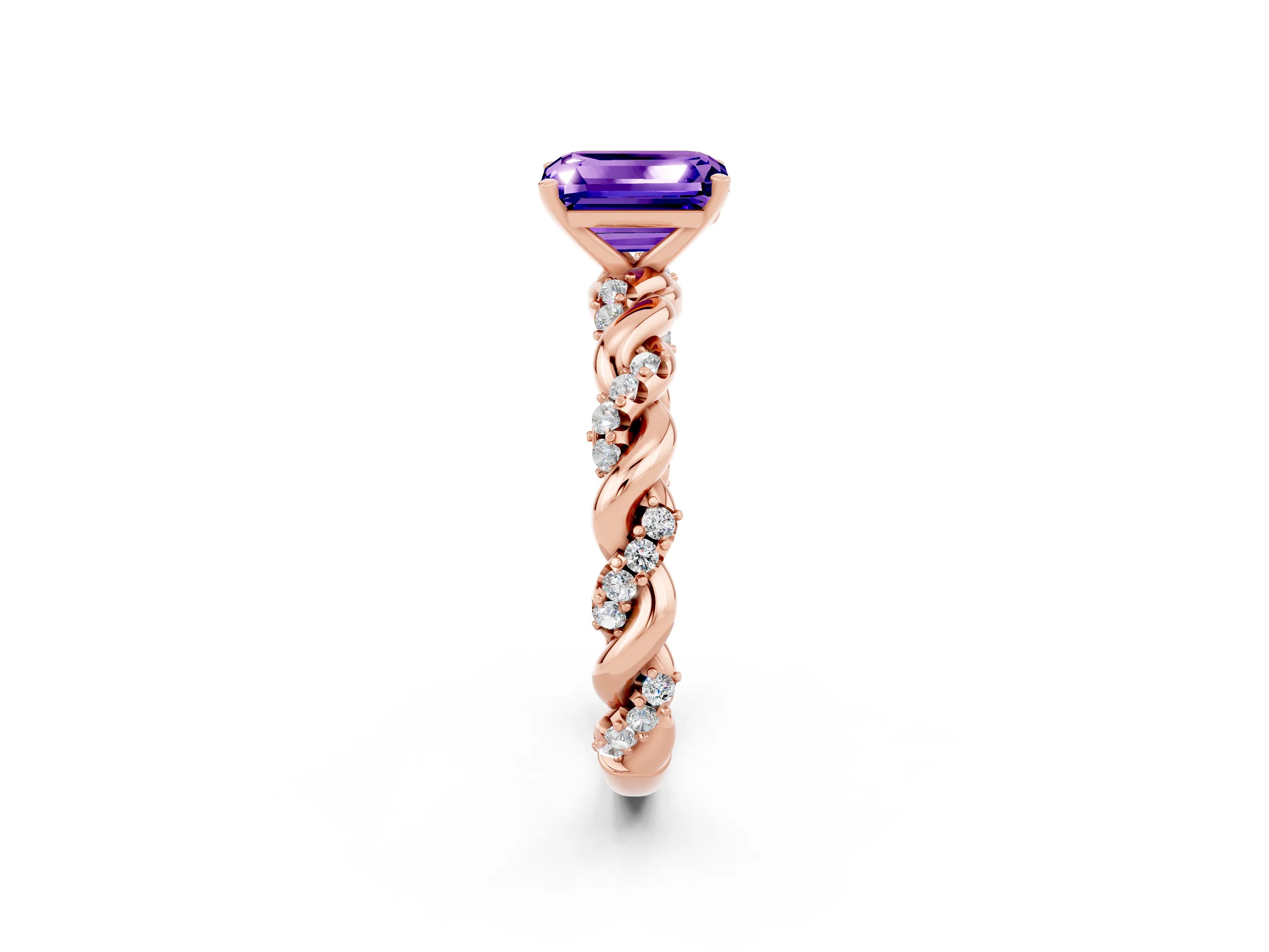 Rose gold Emerald Cut Tanzanite Solitaire Ring with Twisted Band and Pavé Accents_2