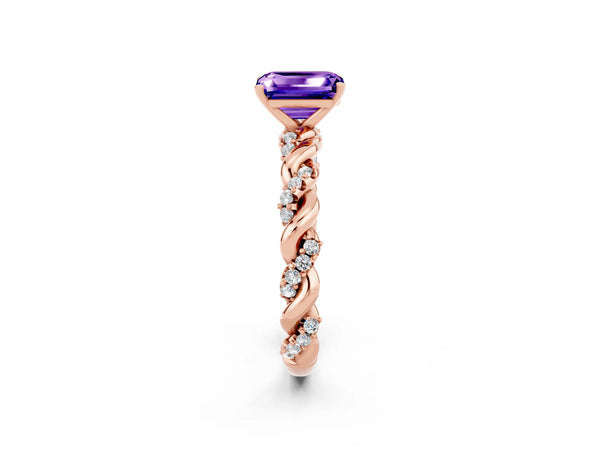 Rose gold Emerald Cut Tanzanite Solitaire Ring with Twisted Band and Pavé Accents