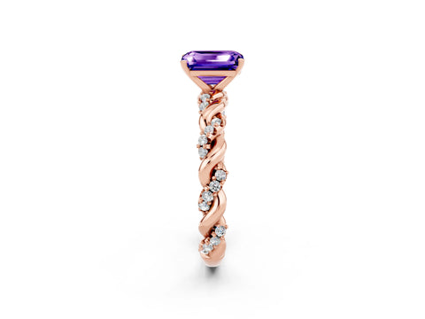Rose gold Emerald Cut Tanzanite Solitaire Ring with Twisted Band and Pavé Accents_2