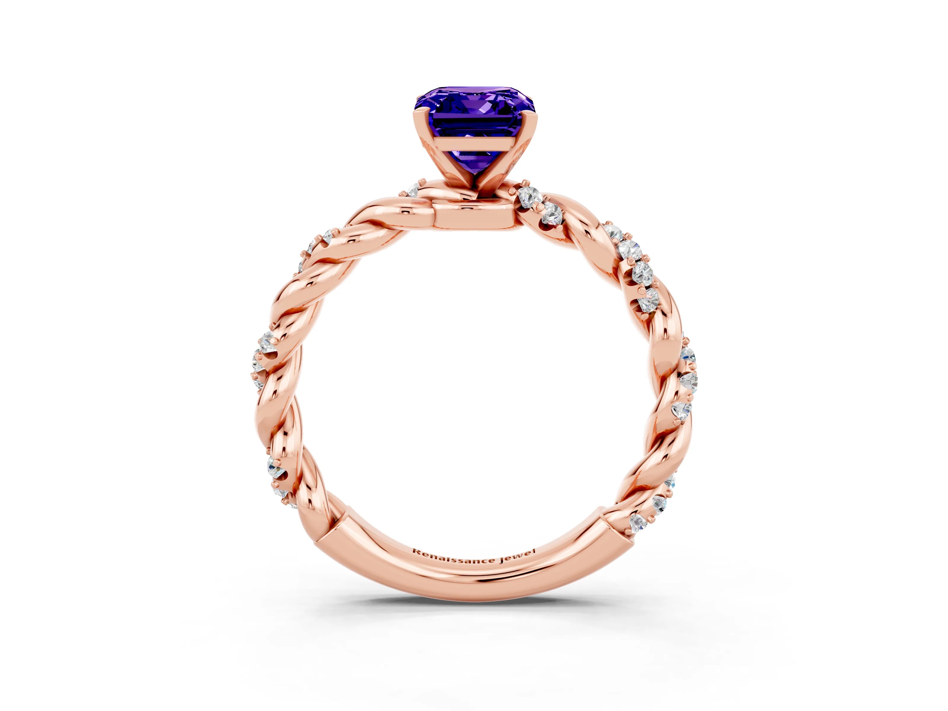 Rose gold Emerald Cut Tanzanite Solitaire Ring with Twisted Band and Pavé Accents_3
