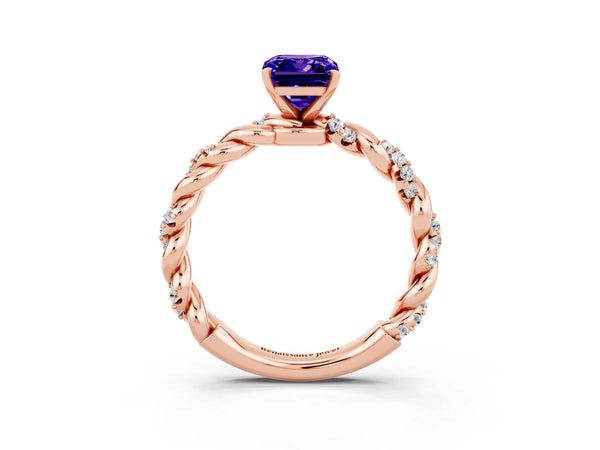 Rose gold Emerald Cut Tanzanite Solitaire Ring with Twisted Band and Pavé Accents