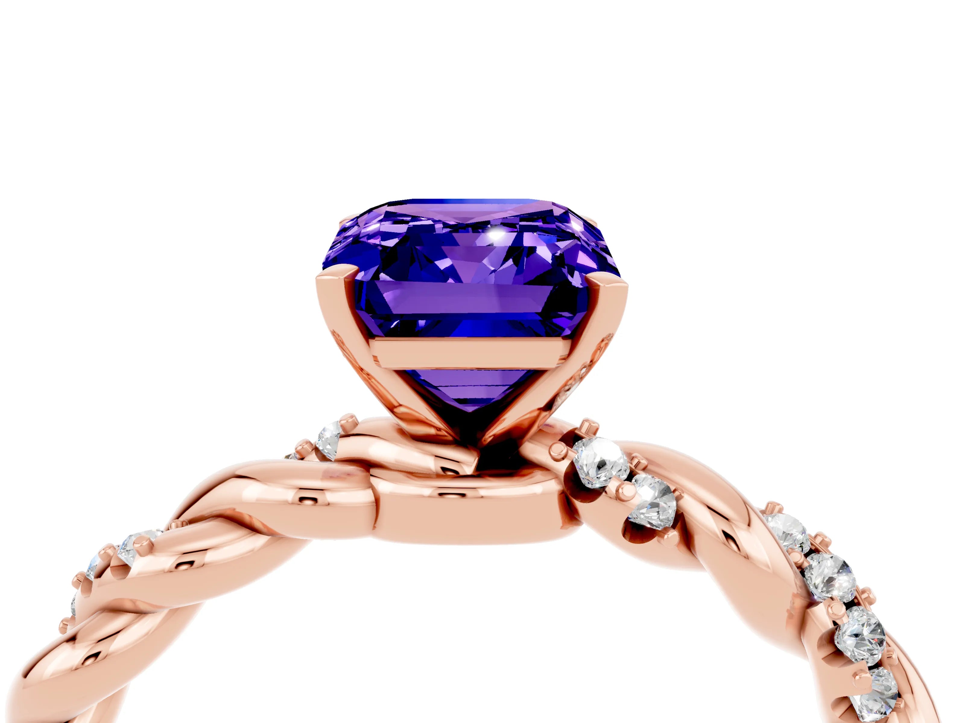Rose gold Emerald Cut Tanzanite Solitaire Ring with Twisted Band and Pavé Accents_4