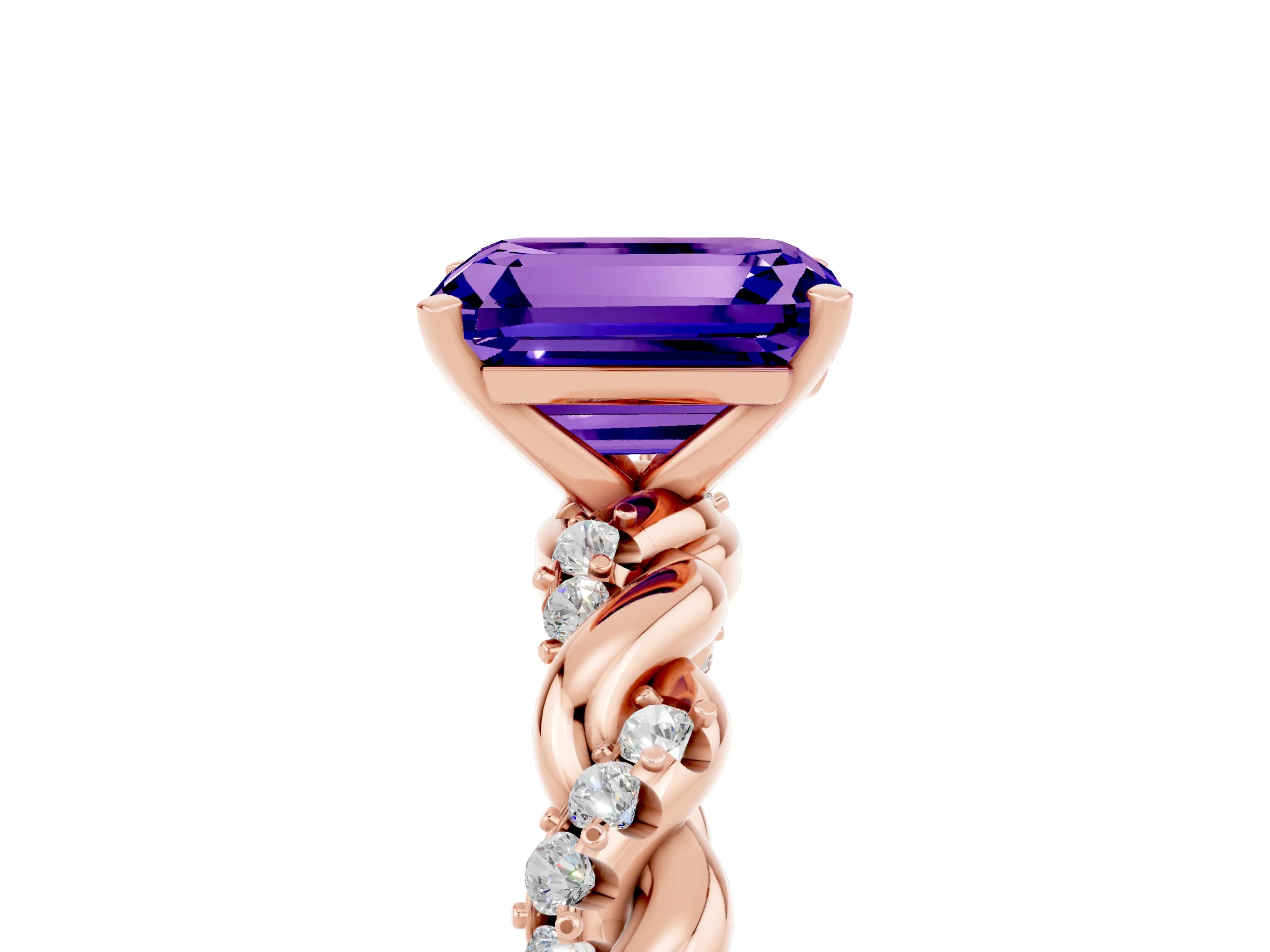 Rose gold Emerald Cut Tanzanite Solitaire Ring with Twisted Band and Pavé Accents_5