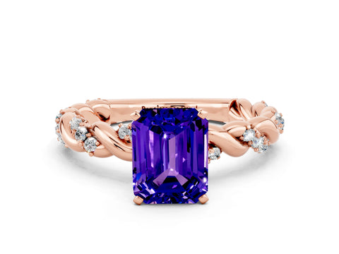 Rose gold Emerald Cut Tanzanite Solitaire Ring with Twisted Band and Pavé Accents