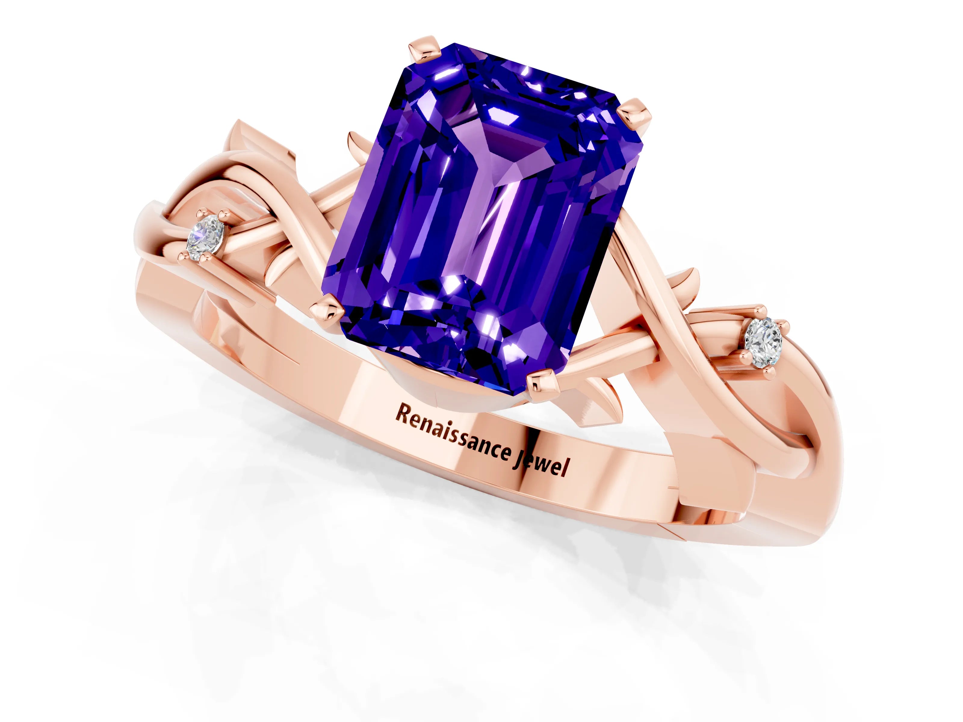 Rose gold Emerald Cut Tanzanite Solitaire Ring with Twisted Band and Prong Setting_1