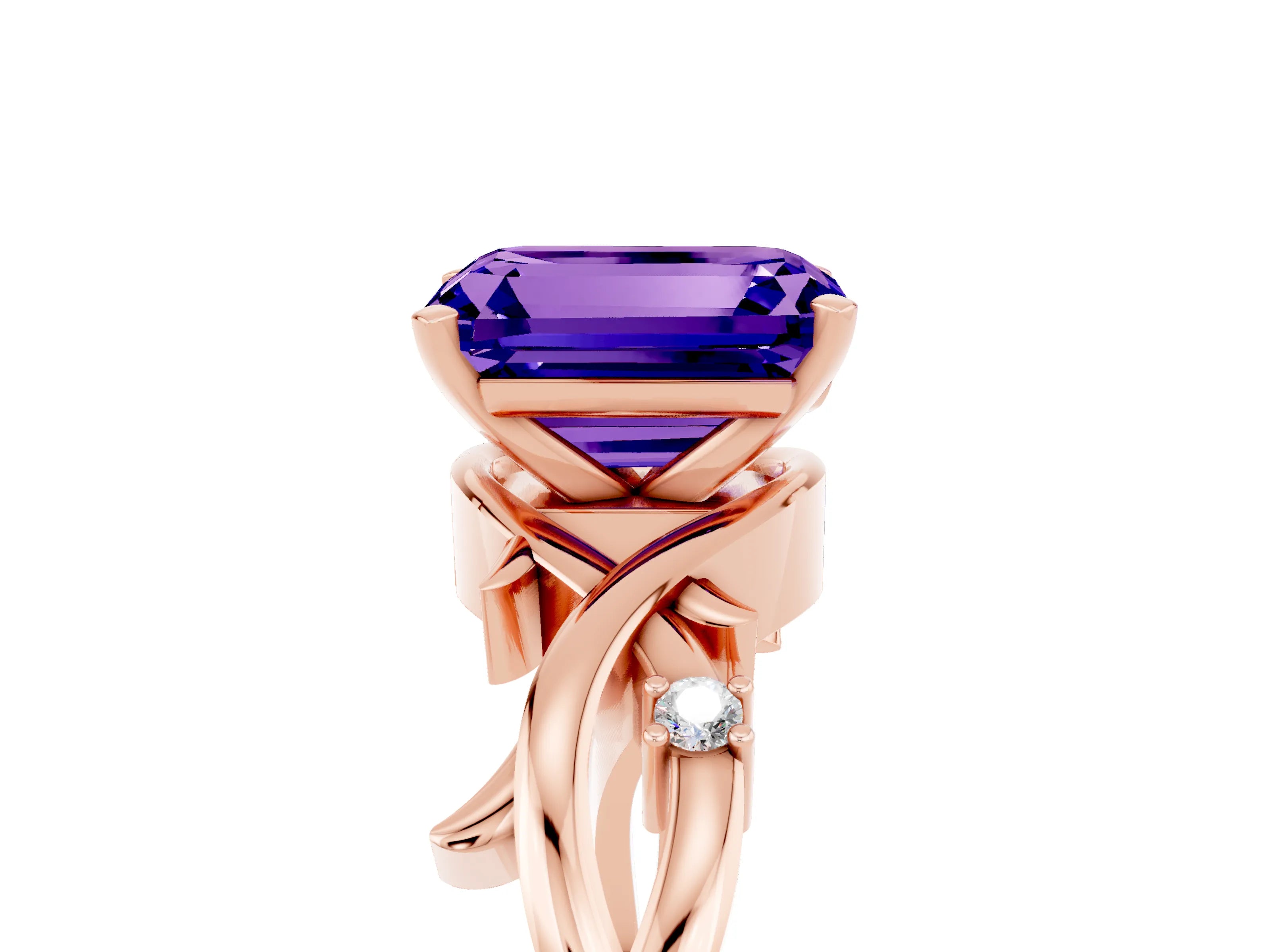 Rose gold Emerald Cut Tanzanite Solitaire Ring with Twisted Band and Prong Setting_5