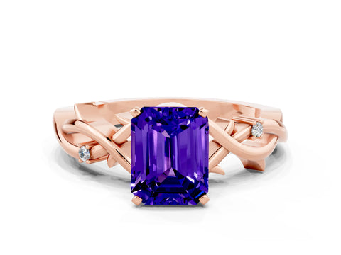 Rose gold Emerald Cut Tanzanite Solitaire Ring with Twisted Band and Prong Setting