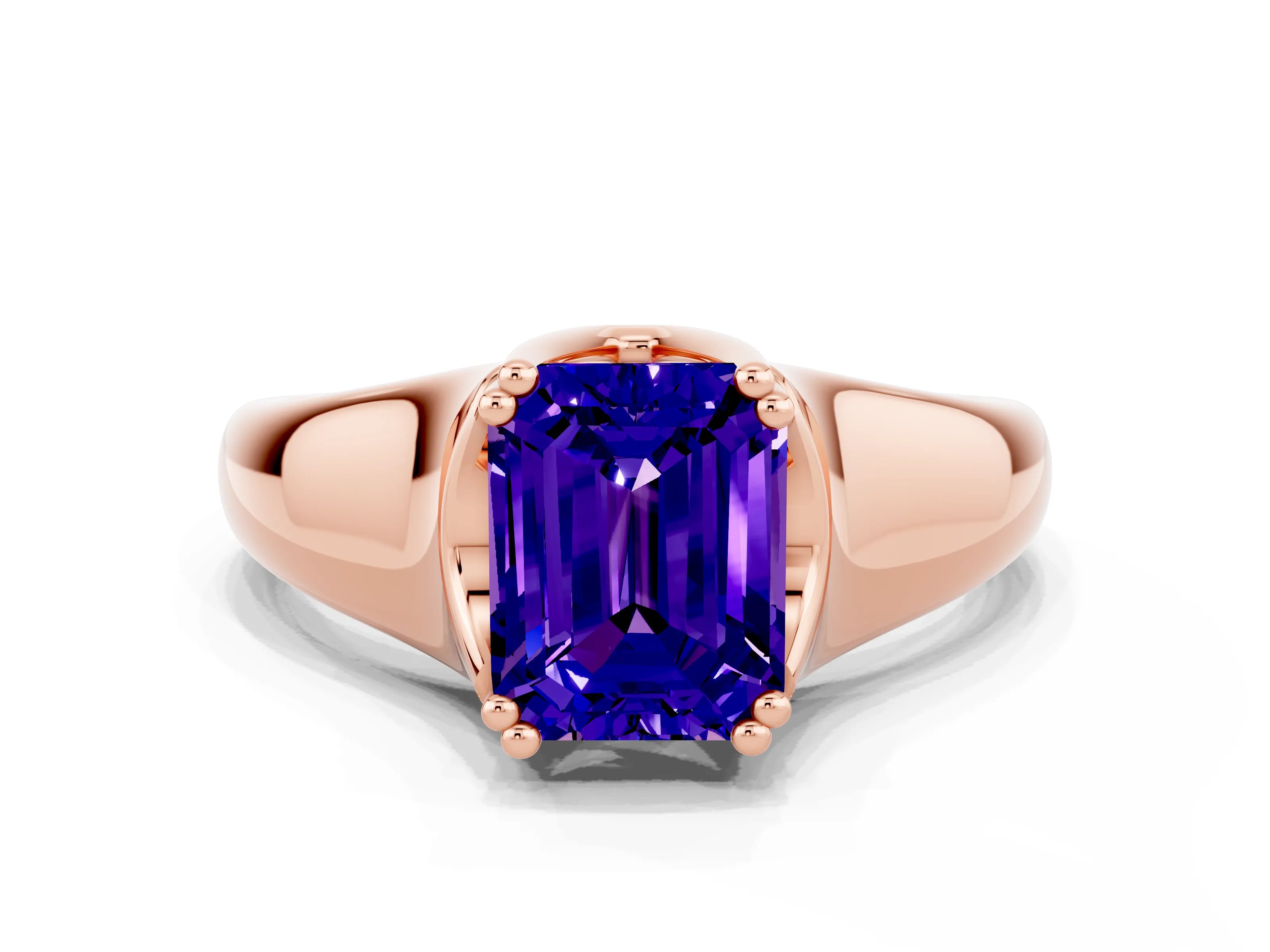 Rose gold Emerald Cut Tanzanite Solitaire Ring with Wide Band and Prong Setting