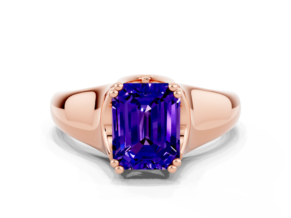 Rose gold Emerald Cut Tanzanite Solitaire Ring with Wide Band and Prong Setting