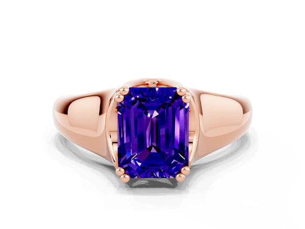 Rose gold Emerald Cut Tanzanite Solitaire Ring with Wide Band and Prong Setting