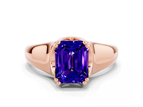 Rose gold Emerald Cut Tanzanite Solitaire Ring with Wide Band and Prong Setting