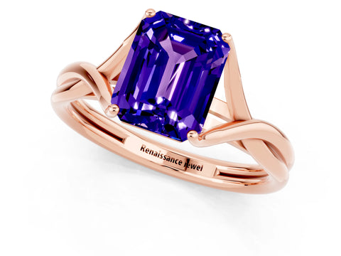 Rose gold Emerald Cut Tanzanite Solitaire Twist Band Prong Setting Ring_49
