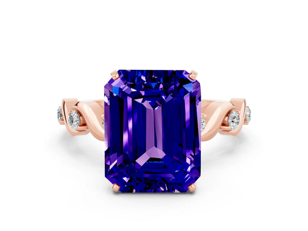Rose gold Emerald Cut Tanzanite Solitaire Twisted Band with Round  Accents and Prong Setting